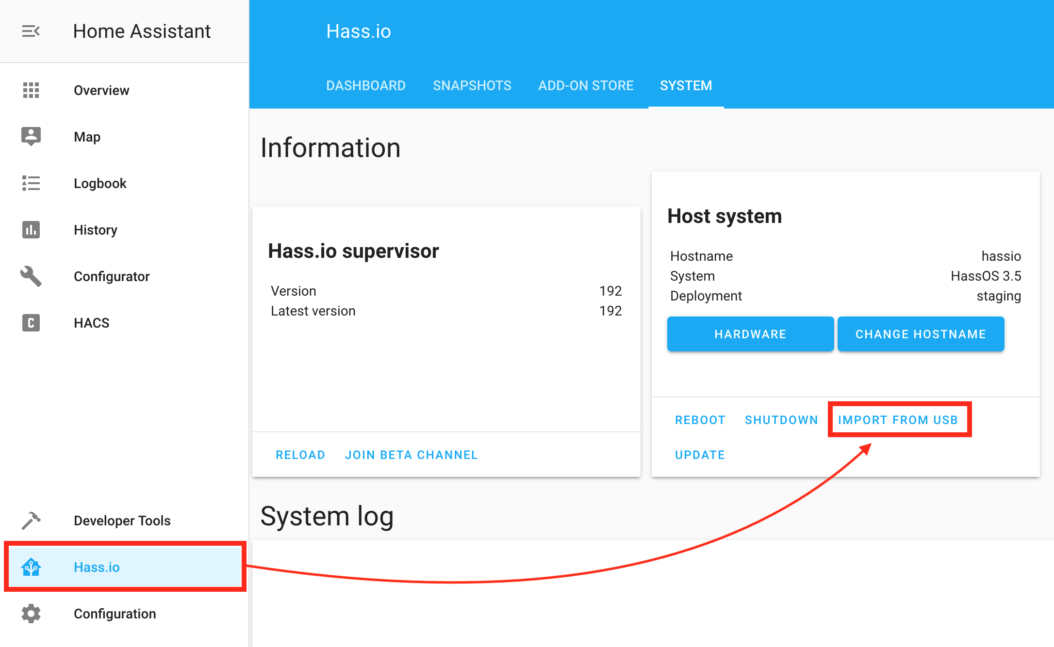 Hass.io screenshot showing how to import WiFi configuration