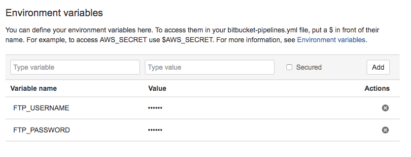 My environment variables for FTP deployment with BitBucket Pipelines